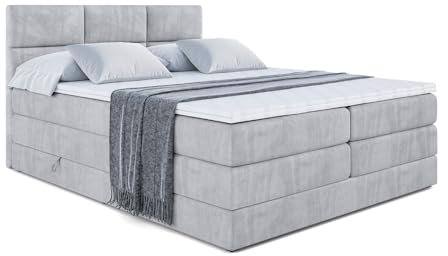 ALTDECOR Boxspringbett mit Matratze und Lattenrost, Topper, Polsterbett mit Bettkasten, Bett mit Stauraum H3- und H4- Matratze, Doppelbett, Springboxbett - Ohio King - 180x200 - Grau Monolith