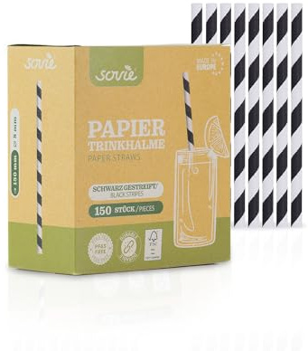 Mank Trinkhalme aus Papier, Papiertrinkhalme, Papier, Papierhalme Umweltfreundlich, Robust & Vielseitig einsetzbar, Strohhalme (150, Weiß-Schwarz, Ø 8 mm / 15 cm)