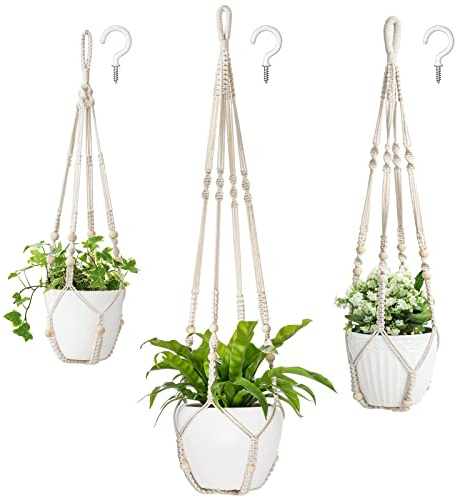 Mkouo Uppsättning av 3 makramé, blomampel, växthängare, inomhus, växtkorg, hängande blomkrukshållare, bomullsrep med pärlor utan tofsar, 73 cm/89 cm/109 cm
