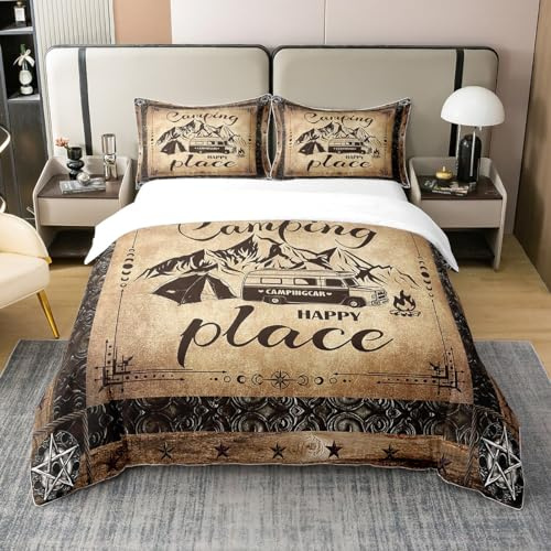 Homewish Parure de Lit 220x240 Adulte Coton Housse de Couette Boheme Marron 2 Personnes, Couvre Lit Véhicules de Loisirs Ensemble de Literie Joyeux Camping Linge de Lit et Oreillers Vintage