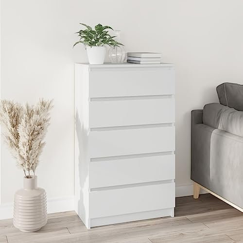 FOZICV Sideboard Weiß 60x36x103 cm Holzwerkstoff Feuchtigkeitsbeständigkeit Viel Stauraum Schubladenschrank mit 5 Schubladen Ausgestattet Lagerschrank Stabile Oberplatte