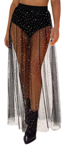 Eisnnu Gonna 2 in1 da Donna a Rete Trasparente Lunga Elasticizzata a Vita Alta con Trapezio Streetwear Clubwear (IT, Testo, S, Regular, Regular, Nero)