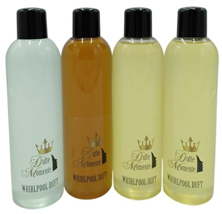 Dufte Momente | Whirlpool Duft 4 x 260ml - freie Wahl der Düfte | Badezusatz | mit naturreinen und natürlichen ätherischen Ölen | kein Schaum | vegan und ohne Tierversuche