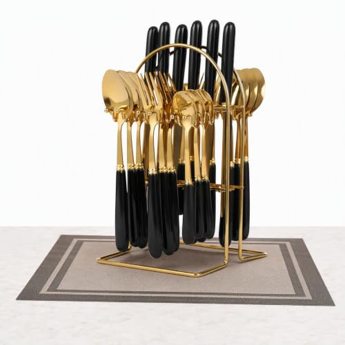 24 Pieces Flatware Set Stainless Steel Knife Fork Spoon Set Modern Cutlery Set with Stand Suitable for Various Places Such as Home Restaurant Hotel Party and so on (Gold+ Black)