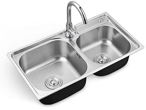 Lavello in acciaio inox con 2 lavabi, lavello da cucina a doppia vasca a 2 fori, 22 cm di profondità, con scarico a incasso, colore argento b-81 x 43 cm