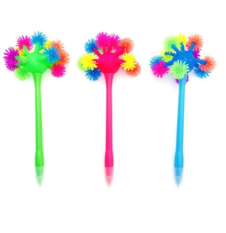 JZK 3 x Wackel-Kugelschreiber, Feuerwerk-Stil, bunt, Pompon-Stift, einzigartiges lustiges Geschenk für Kinder und Erwachsene