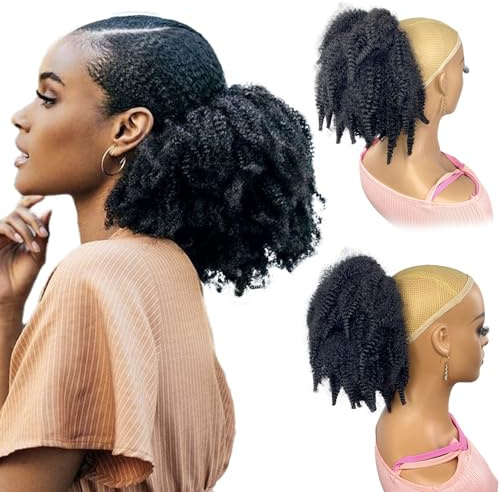 VAVANGA Short Marley Hair Drawstring Ponytail Black 4C Afro Puff Bun Braiding Ponytail Hair with Clips Synthetic Afro Kinky Curl Pony Tail Hairpiece for Black Women - Natural Black 12