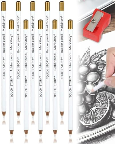 TPZORJX 10 Stück Radiergummi Stift Set, Radierer Stift Zeichnen Radierstift Zeichenstift Radiergummi Stift mit kleinem Bleistiftspitzer Stiftform Radiergummi für Zeichenanfänger und Künstler
