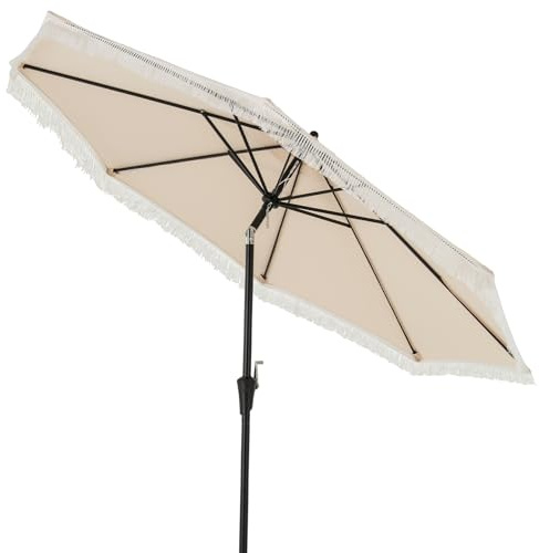 TANGZON 280cm/9FT Garden Parasol with Fringe, 2-Tier Market Table Tassel Patio Umbrella with Sun-Protective Canopy, 8 Ribs, Push Button Tilt, Fringes, Outdoor Heavy-Duty Sun Umbrella