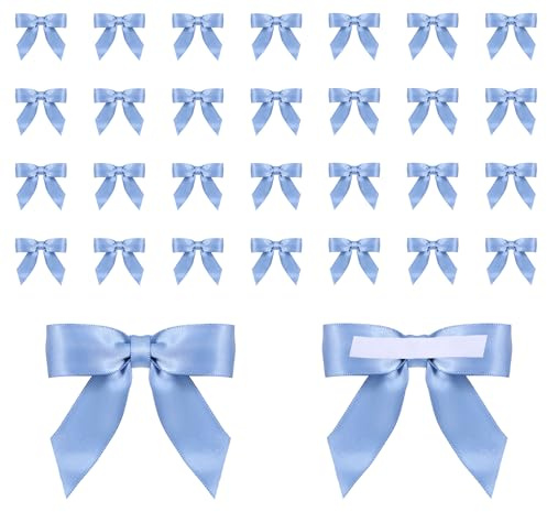 Staubige Blaue Satin Schleifen 30 Stück 2 Zoll Vorgebundene Schleifen mit Klebepad Selbstklebende Satin-Schleife für Geschenkverpackung Schleifendekorationen für Hochzeitsdekorationen Basteln Geschenk