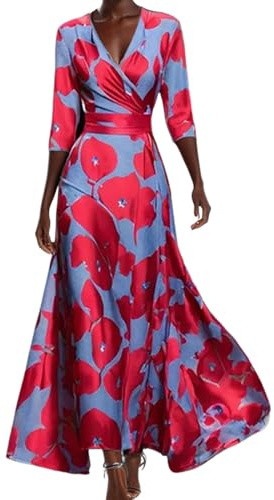 Vestido Mujer Bohemio Largo Elegante Vestido Floral Sexy con Cuello En V Manga Corta Cuello De Pico De Noche Playa Fiesta Vacaciones
