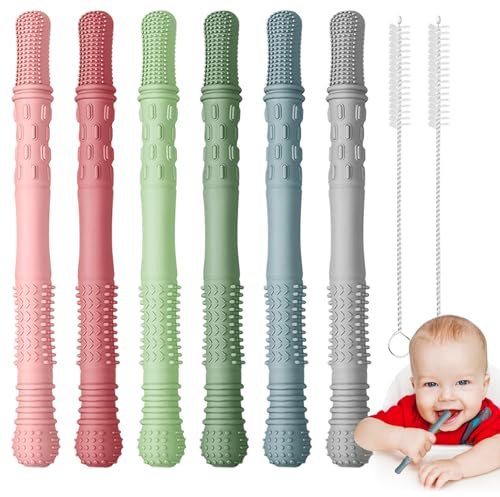 Alovez 6 Stück Beißring Baby PP Silikon Beissring Hohl Kausticks für BPA Frei Zahnungshilfe Zahnungshilfe Beißring Geeignet für ab 6 Monaten mit 2 Strohbürsten