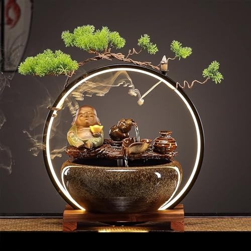 Fontaine à eau de table avec refoulement d'encens Fontaine à eau d'intérieur avec LED pour attirer la richesse Humidificateur de bureau Décoration Zen Fontaine à eau sans plantes