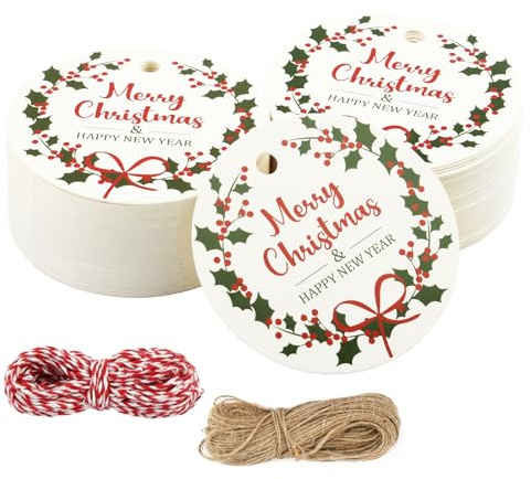 100 Stück Merry Christmas-Geschenkanhänger, Weihnachts-Geschenkanhänger, Kraftpapier, Geschenkanhänger mit Schnur, Weihnachtsanhänger für Geschenke, Kraftpapieranhänger für Geschenkverpackungen