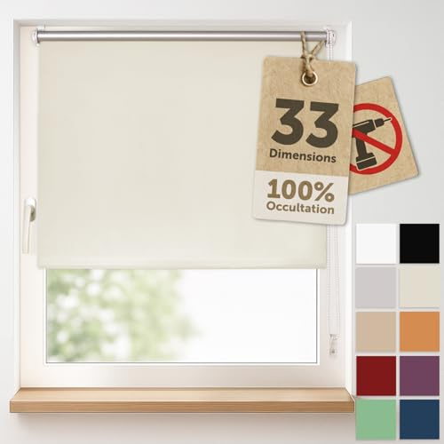 Blumtal Rollo 65x210cm occultant sans perçage - 100% obscurcissant, Thermique et Anti-UV - Store Enrouleur à Pinces, 4 Couches, Isolation Chaleur et Froid - Montage Facile -Ivory