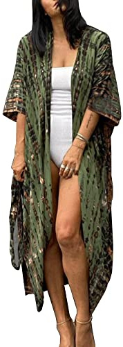 Chunoy Women Loose Lightweight Tie Dye Open Front Kimono Cardaigan Kaftan Sleeve Long Beach Cover Up Military Hunter Green