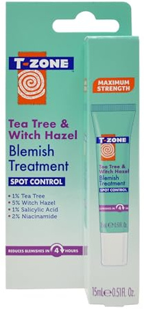 T-Zone Tea Tree & Witch Hazel Blemish Treatment Gel 15ml, Rapid Spot Treatment with Salicylic Acid & Niacinamide, Targets, Calms & Prevents Spots, Pimples & Breakouts for Clearer Skin