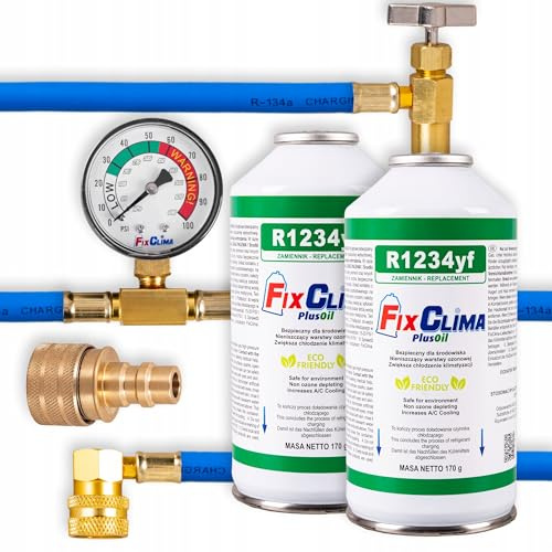 FixClima Kit Recharge R1234YF pour Systèmes de Climatisation Automobiles depuis 2016 - Double Gaz avec Adaptateur