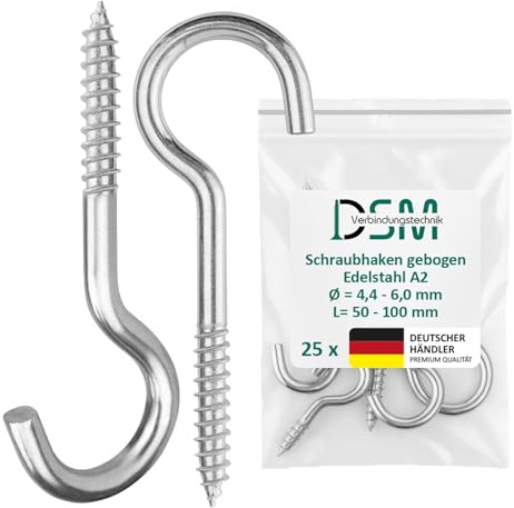 DSM – Schraubhaken Edelstahl A2 mit Holzgewinde 4,4 x 50 mm – 25 Stück | gebogen [TrueSpec Präzision] geeignet für Holz, Beton & Mauerwerk – Wandhaken, Deckenhaken, Hakenschrauben, Schraubenhaken