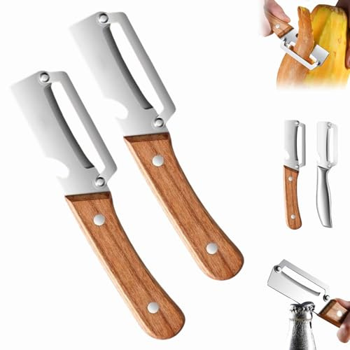 Éplucheur Multifonctionnel Pour La Cuisine, Éplucheur Multifonctionnel En Acier Inoxydable, Éplucheur À Fruits Avec Manche En Bois Et Décapsuleur, Pour Fruits, Légumes (2pcsA)