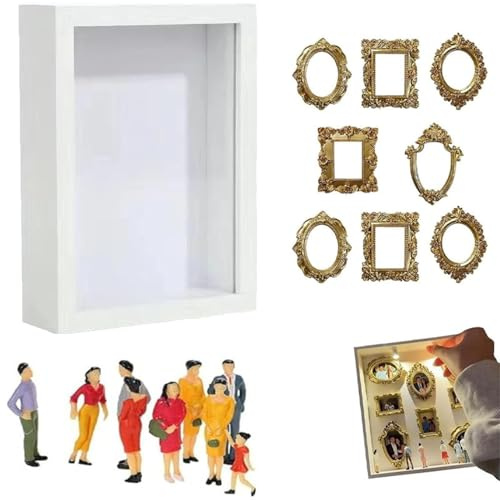 Mini cornice fai-da-te per museo con mini cornici e figurine dorate, mini cornici da museo, esposizione di ricordi di famiglia per anniversario, matrimonio e decorazione d'interni (bianco)