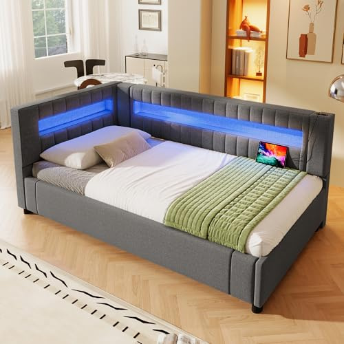BTM Tagesbett mit Stauraum & Ladefunktion 90x200 Stauraumbett Schlafsofa Daybett mit LED (ohne Matratze), Einzelbett, Grau