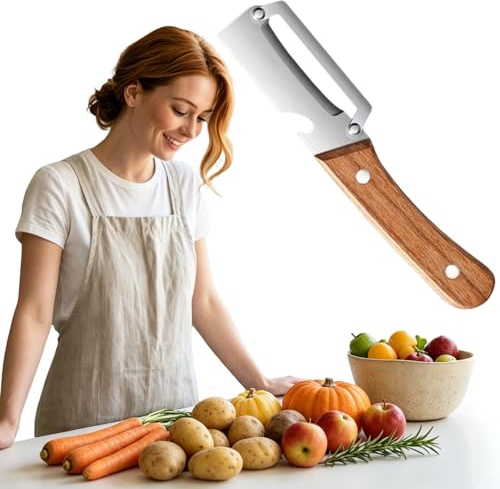 Multifunktionaler Gemüseschäler aus Edelstahl und Naturholz, mit Julienne-Klinge und Flaschenöffner, ergonomischer Holzgriff, für Obst und Gemüse (1, Extra breit)