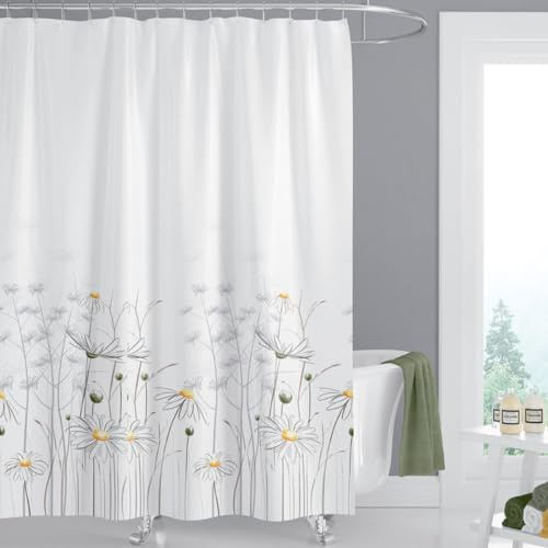 Duschvorhang aus Stoff | DAISY GÄNSEBLÜMCHEN | Textil Duschvorhang in der Größe 120 cm breit x 200 cm hoch | inkl. Ringe | Wannenvorhang | Badvorhang mit Beschwerungsband | Klebt nicht am Körper