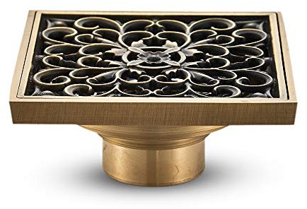 KUNGYO Vintage Piletta Doccia a Pavimento con Coperchio Fiore Intagliato - Quadrato Scarico a Pavimento in Ottone per Bagno Doccia WC Giardino 10 * 10 cm