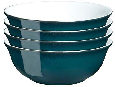 Denby - Greenwich Cereal Bowls Set of 4 - Dishwasher Microwave Safe Crockery 650ml, 16.5cm - Glazed Ceramic Stoneware Tableware - Green, White Chip & Crack Resistant Soup Bowls