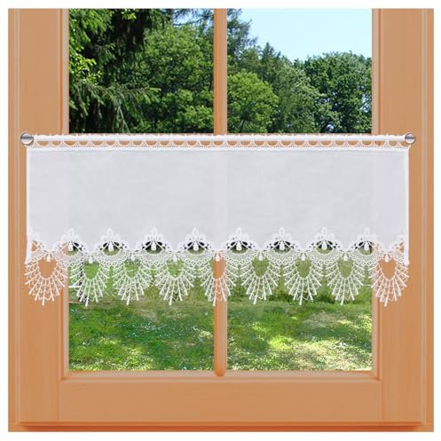 Feenhaus-Scheibengardine Nastja aus Vogtländischer Spitze - Landhaus-Scheibenhänger mit Fächerspitze weiß | klassische Spitzengardine handgefertigt | rustikal-moderne Bistro-Gardine HxB 35 x 173 cm