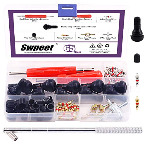 Swpeet Lot de 65 outils de démontage et d'installation de tiges de valve de pneu, bouchons de valve, tiges de valve à encliquetage avec noyaux de tige de valve, outil de démontage de noyau de valve de