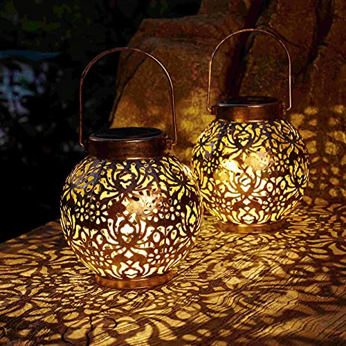 Set of 2 Solar Lanterns Outdoor Hanging Decorative Lights for Garden Patio Porch Decorations. (Bronze)
