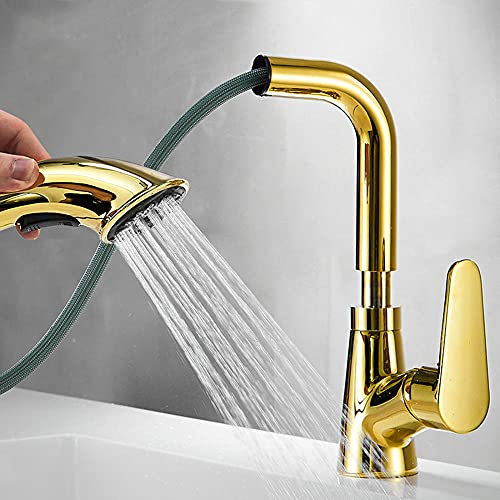 Grifo de Lavabo con Ducha Extraible Latón Giratorio de 360° Fria y Caliente 2 Modos Puede Subir Multifunción Grifo Lavabo-Dorado
