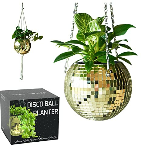 SCANDINORDICA Discokugel-Blumentopf, Komplett-Set, Gold 15 cm | Disco-Blumentopf mit Kette, Makramee-Aufhänger, Acrylständer & Innentopf zum Aufhängen oder Aufstellen