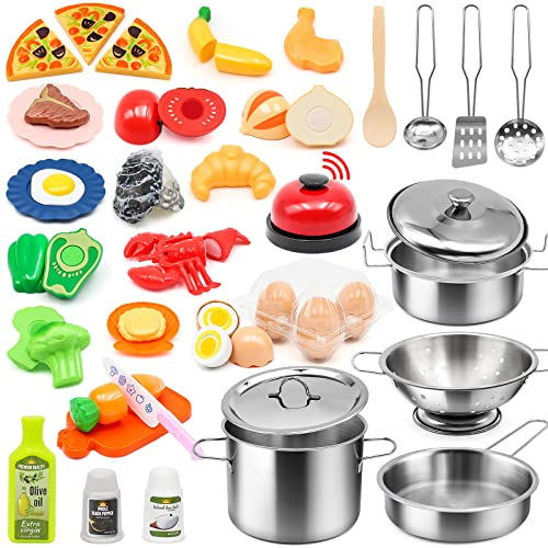 37Items 59Pcs Kids Pretend Play Kitchen Accessories Set, Stainless Steel Play Pots and Pans Sets for Kids, Cooking Utensils, Play Food Pizza Knife Kitchen Playset Toys Gift for Boys Girls Toddlers 3+