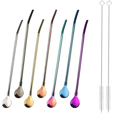KAIAIWLUO Trinkhalm Löffel,7 PCS Trinkhalmlöffel für Slush + 2 Stück Reinigungsbürste Edelstah Strohhalme mit Löffeln Wiederverwendbare Metall Kaffeestrohhalme für Smoothies Milchshakes Cocktail