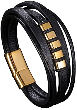 AMDXD Personalisierte Geschenke Armreif für Herren, Leder Armreif Herren Mehrschichtig Männer Armbänder Gold Armschmuck Edelstahl mit Magnet Verschluss, Länge 20.5cm