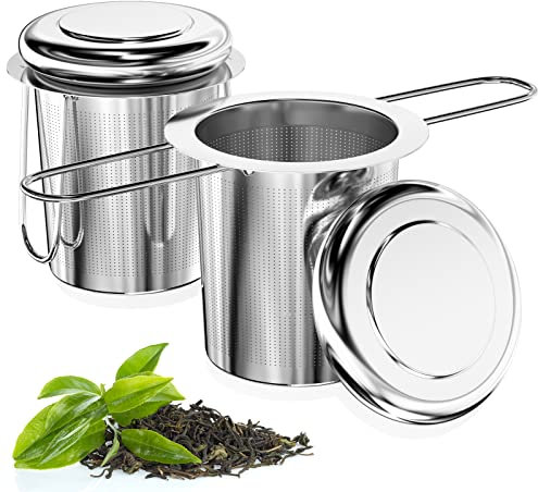 Relota 2 Piezas Colador de Té de Acero Inoxidable 304, Infusor de Te de Metal con Tapa y Asa Plegable, Reutilizable de Malla Extra Fina Filtro de Té para Tazas, Tetera, Café Ollas, Cuencos de Té