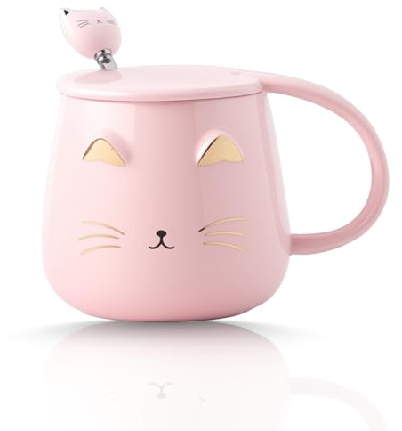 Eidoct Cute Cat Mugs Coffee Mug Set with lid and Lovely Kitty Spoon Novelty Morning Tea Milk Mug Set for Cat Lovers Girls Women Christmas Birthday Gift 400ML/14oz (Pink)