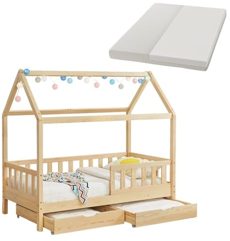 Juskys® Kinderbett Marli 90 x 200 cm mit Matratze, Bettkasten, Rausfallschutz, Lattenrost & Dach - Massivholz Hausbett für Kinder - Bett in Natur