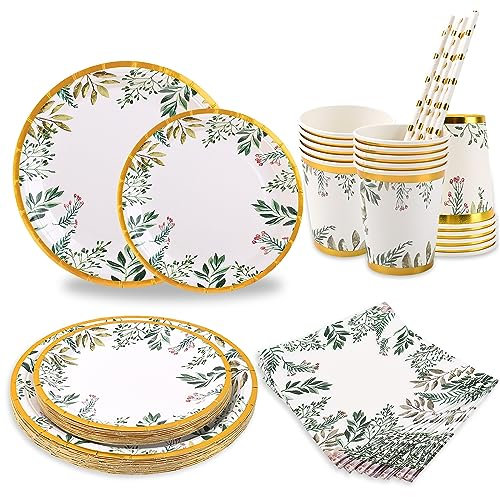 CEILIWEN Lot de 125 assiettes jetables en carton vert pour anniversaire avec assiettes en carton de 22,8 cm et 17,8 cm, gobelets en carton, serviettes, pailles, convient pour 25 invités