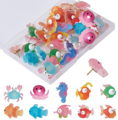 craspire 30 Stück Pinnnadeln Mit Cartoon-Meerestieren, Dekorative Pinnnadeln Aus Kunstharz Für Korktafeln, Fische, Reißzwecken, Krabben, Oktopus, Reißzwecken, Pinnwand, Fotos, Wand, Bürobedarf
