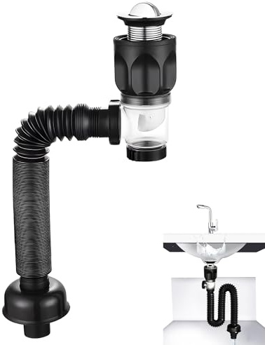 Vidange D'évier de Salle de Bain, Kit de Vidange de Lavabo, Siphon Lavabo, Bonde de Lavabo Sans Trop-Plein, Tuyau D'eau Flexible Rétractable, Résistant Aux Odeurs et Aux Insectes