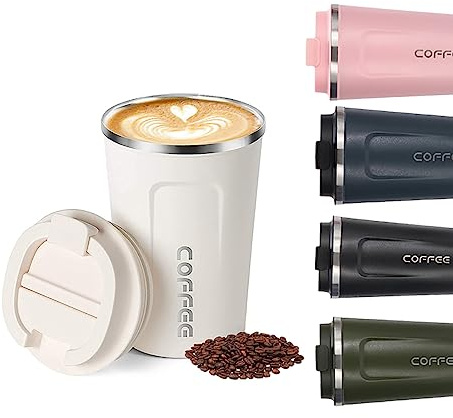 Senshuomy 380ml Vacuum Insulated Coffee Cup, Double Wall Stainless Steel Reusable Leakproof Coffee Cup Travel Mug, Eco-Friendly Coffee Mug for Hot & Cold Drinks (White)
