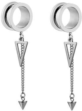 Aotiwe 2 Stück tunnel set 8mm, flesh tunnel set Rund mit Kette und Dreieck Anhänger, Silber 0G Edelstahl Piercing Schmuck
