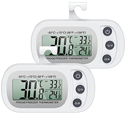 Ankilo 2 Pack Refrigerator Thermometers, Waterproof Mini Fridge Freezer Thermometer with Hook, LCD Display, ℃/℉ Switch + Max/Min Record, for Kitchen, Home, Restaurants,White
