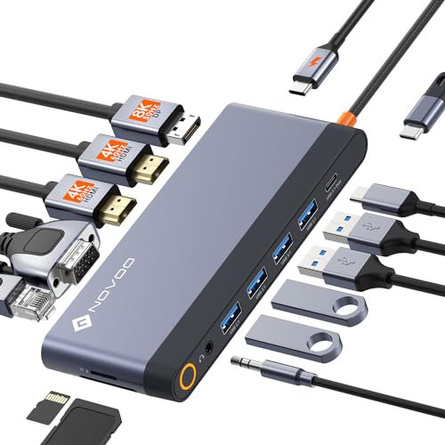 NOVOO Docking Station 3 monitor 14 in 1 USB C Hub con 2 HDMI 4 K a 60 Hz, DisplayPort 8 K a 30 Hz, VGA, 4 USB-A + 1 USB-C, PD 100 W, Gigabit Ethernet, SD/TF, audio/microfono per MacBook Dell Lenovo