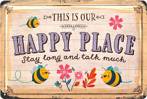 LANOLU Vintage-Blechschild This is our happy place, dekoratives Metallschild für den Garten, 30,5 x 20,3 cm