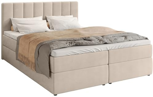 BROMARKT Boxspringbett mit Matratze 160x200cm Bett mit Topper Beige | Polsterbett mit Bettkasten Doppelbett für Schlafzimmer gepolsterte Kopfstütze Bed Bonell Härtegrad H3 DENVER
